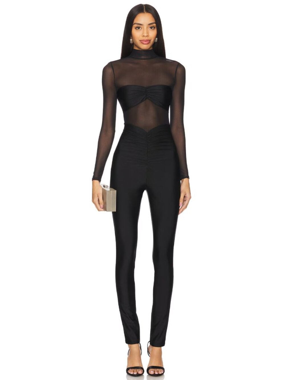 NEW SEROYA X Revolve Brietta Bandeau Mesh Catsuit in Black Long Sleeve Jumpsuit